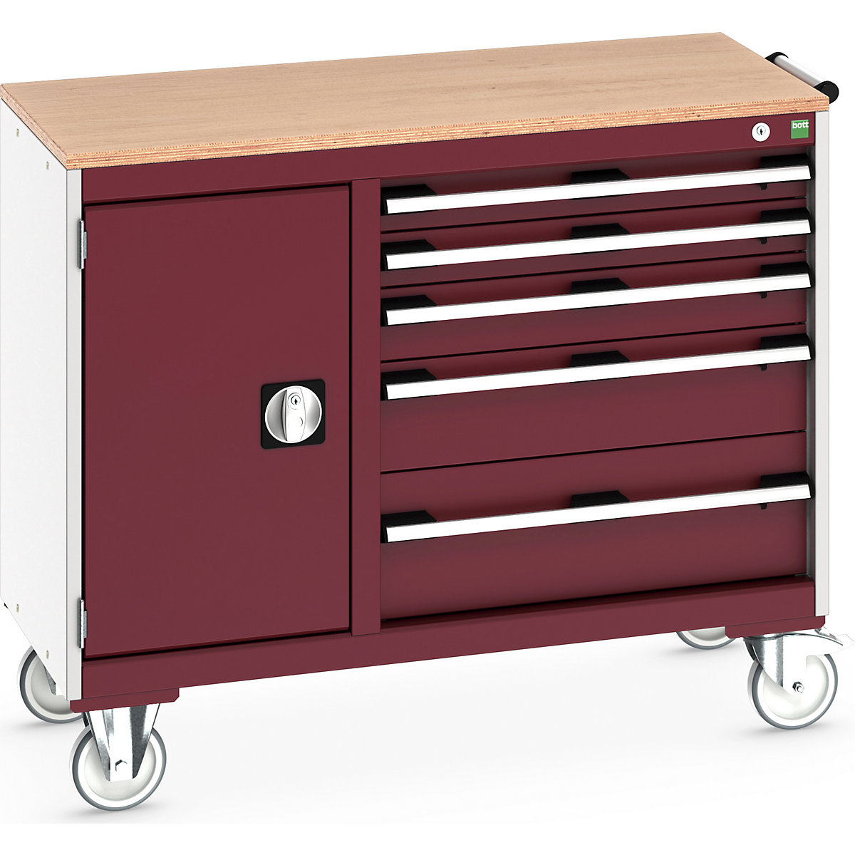 Bott Cubio Maintenance Trolleys, Bott Cubio Maintenance Trolleys, Bott Cubio Maintenance Trolley | 890h x 1050w x 525d mm | 40/60 - Cupboard & 5 Drawers | MPX Worktop | Red Drawers | Light Grey Housing-0