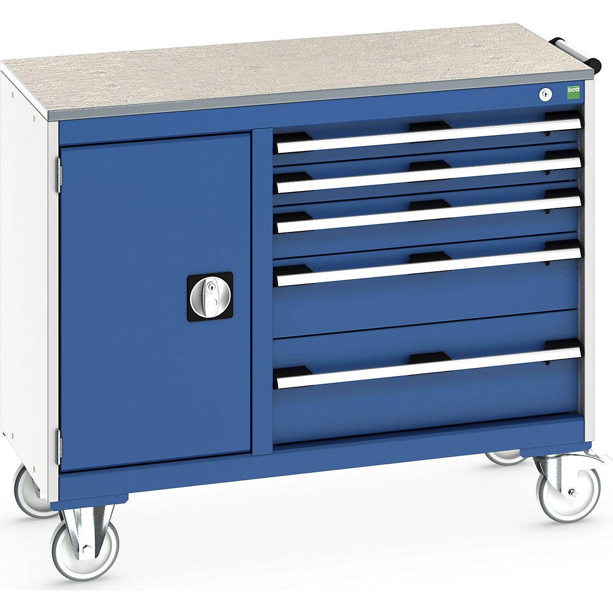 Bott Cubio Maintenance Trolleys, Bott Cubio Maintenance Trolleys, Bott Cubio Maintenance Trolley | 890h x 1050w x 525d mm | 40/60 - Cupboard & 5 Drawers | Lino Worktop | Blue Drawers | Light Grey Housing-0