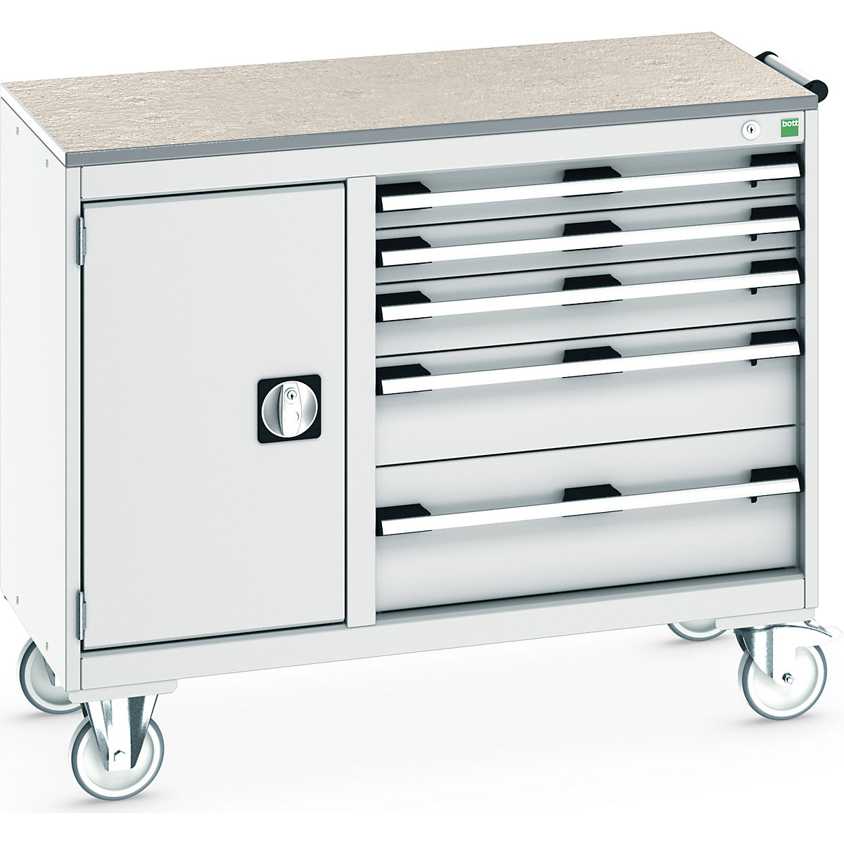 Bott Cubio Maintenance Trolleys, Bott Cubio Maintenance Trolleys, Bott Cubio Maintenance Trolley | 890h x 1050w x 525d mm | 40/60 - Cupboard & 5 Drawers | Lino Worktop | Light Grey Drawers | Light Grey Housing-0