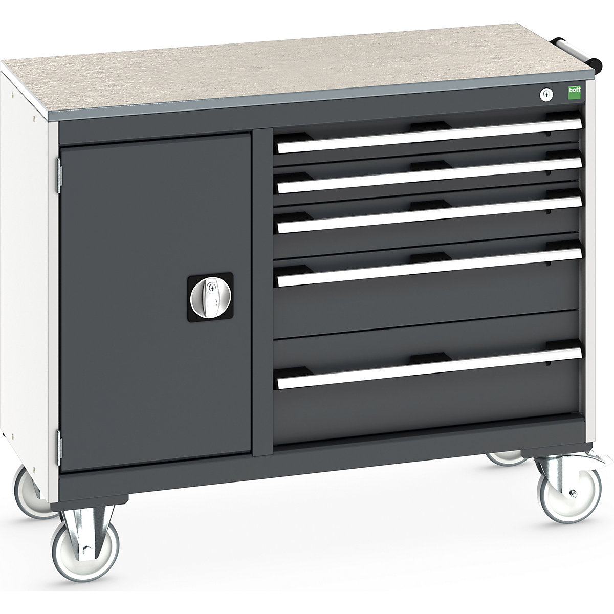 Bott Cubio Maintenance Trolleys, Bott Cubio Maintenance Trolleys, Bott Cubio Maintenance Trolley | 890h x 1050w x 525d mm | 40/60 - Cupboard & 5 Drawers | Lino Worktop | Dark Grey Drawers | Light Grey Housing-0