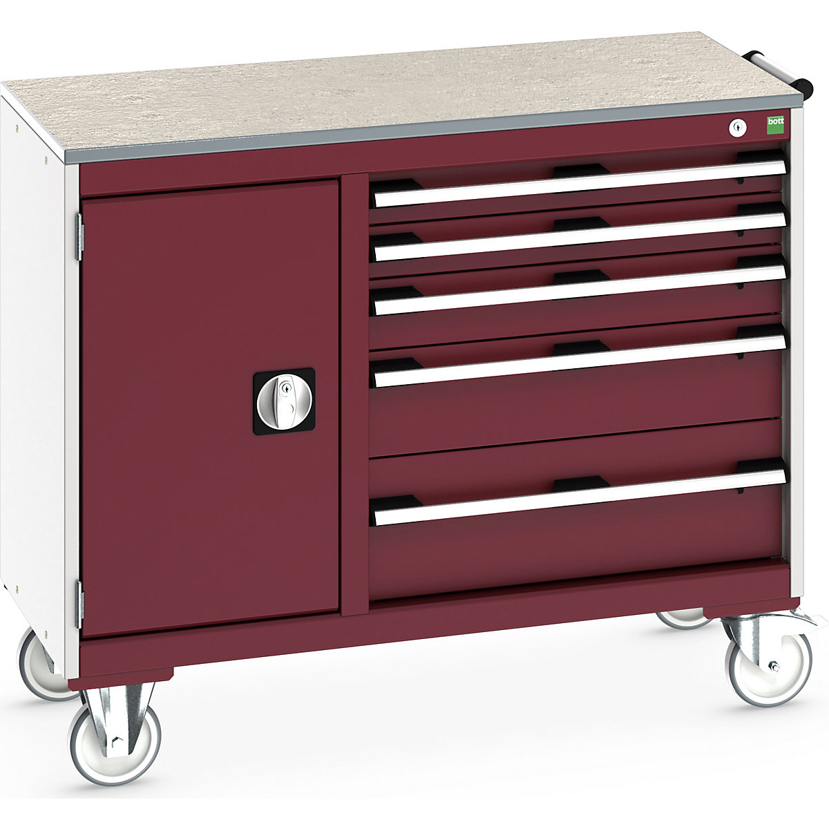 Bott Cubio Maintenance Trolleys, Bott Cubio Maintenance Trolleys, Bott Cubio Maintenance Trolley | 890h x 1050w x 525d mm | 40/60 - Cupboard & 5 Drawers | Lino Worktop | Red Drawers | Light Grey Housing-0