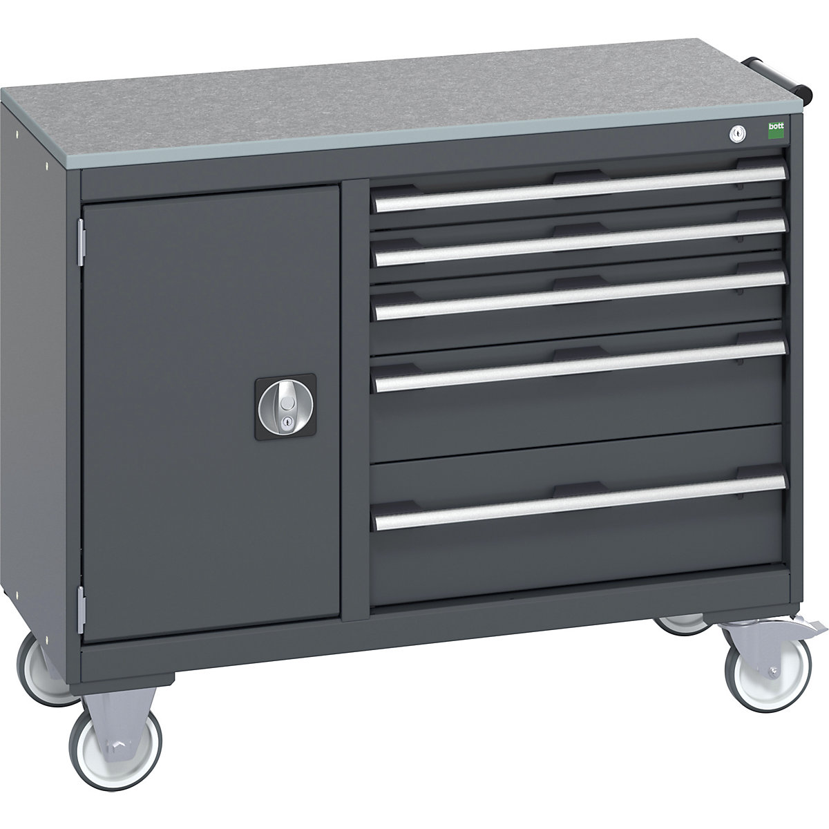 Bott Cubio Maintenance Trolleys, Bott Cubio Maintenance Trolleys, Bott Cubio Maintenance Trolley | 890h x 1050w x 525d mm | 40/60 - Cupboard & 5 Drawers | Lino Worktop | Dark Grey Drawers | Dark Grey Housing-0