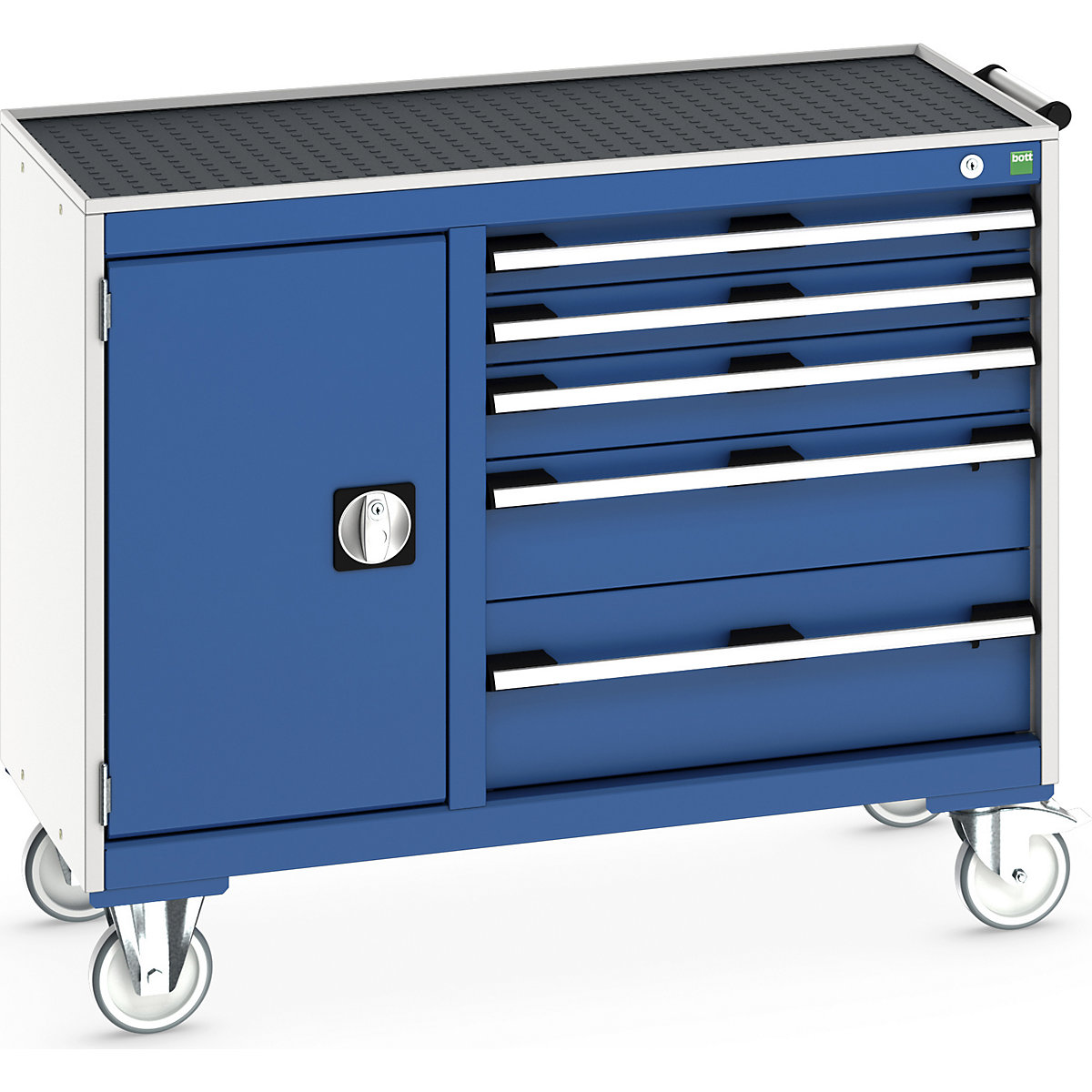 Bott Cubio Maintenance Trolleys, Bott Cubio Maintenance Trolleys, Bott Cubio Maintenance Trolley | 880h x 1050w x 525d mm | 40/60 - Cupboard & 5 Drawers | Top Tray & Mat | Blue Drawers | Light Grey Housing-0