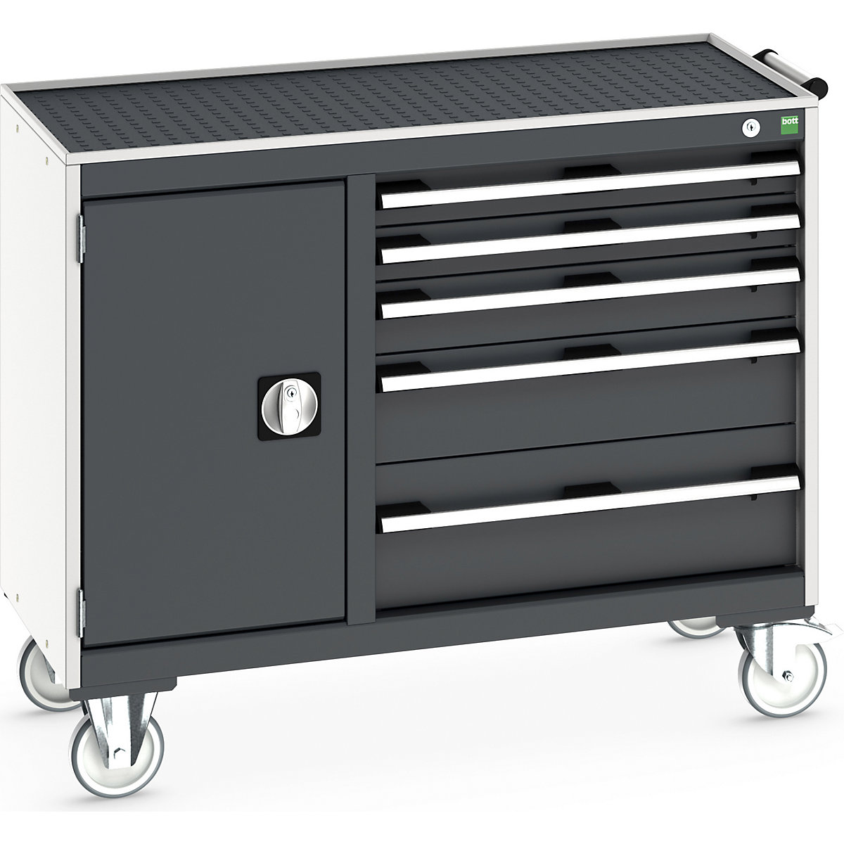 Bott Cubio Maintenance Trolleys, Bott Cubio Maintenance Trolleys, Bott Cubio Maintenance Trolley | 880h x 1050w x 525d mm | 40/60 - Cupboard & 5 Drawers | Top Tray & Mat | Dark Grey Drawers | Light Grey Housing-0