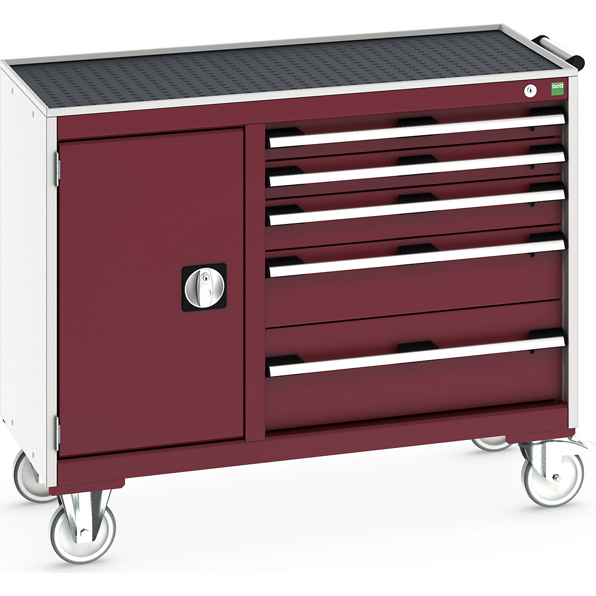 Bott Cubio Maintenance Trolleys, Bott Cubio Maintenance Trolleys, Bott Cubio Maintenance Trolley | 880h x 1050w x 525d mm | 40/60 - Cupboard & 5 Drawers | Top Tray & Mat | Red Drawers | Light Grey Housing-0