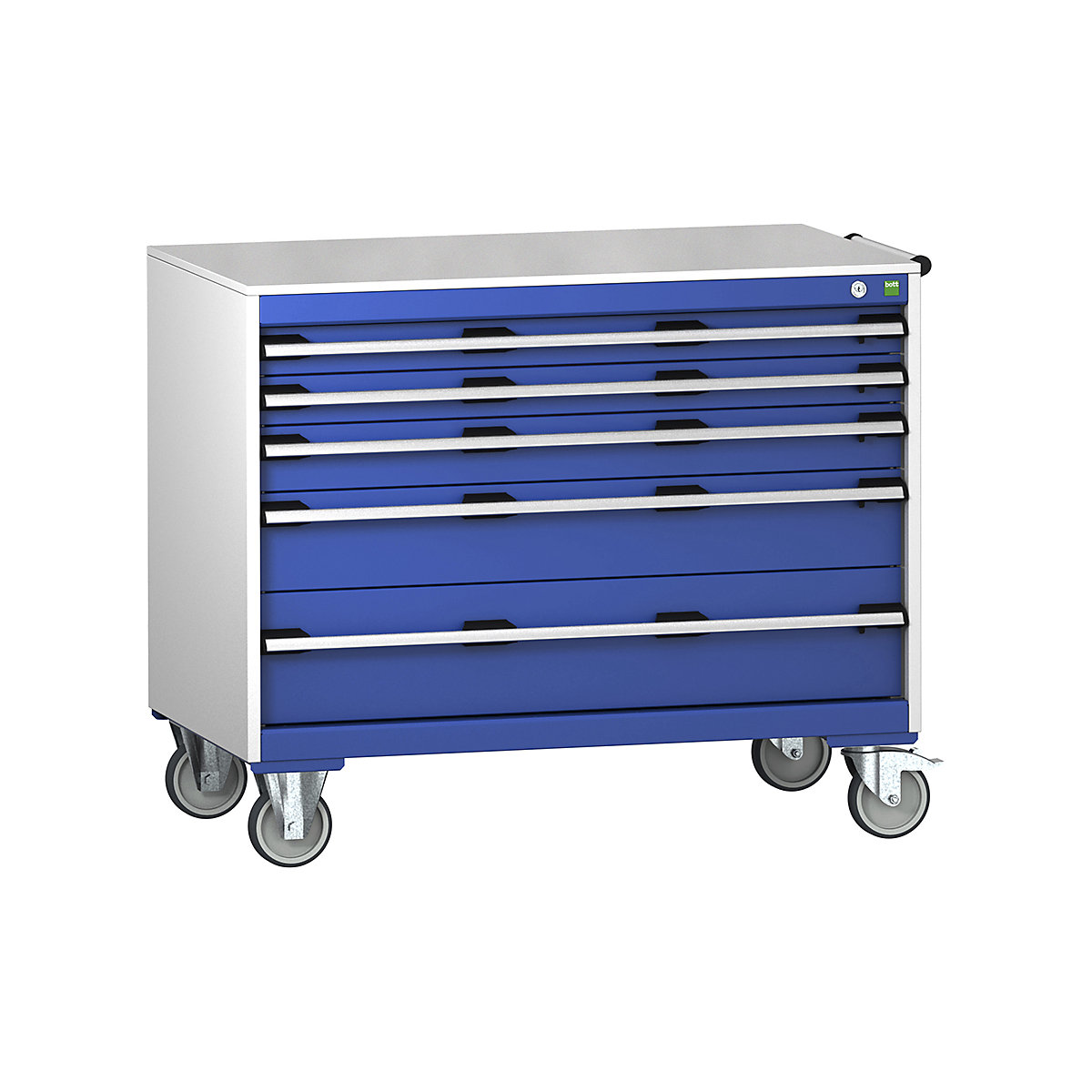 Bott Cubio Mobile Cabinets | 1050mm Wide, Bott Cubio Mobile Cabinets | 1050mm Wide, Bott Cubio Mobile Cabinet | 890h x 1050w x 650d mm | 5 Drawers | Lino Worktop | Blue Drawers | Light Grey Housing-0