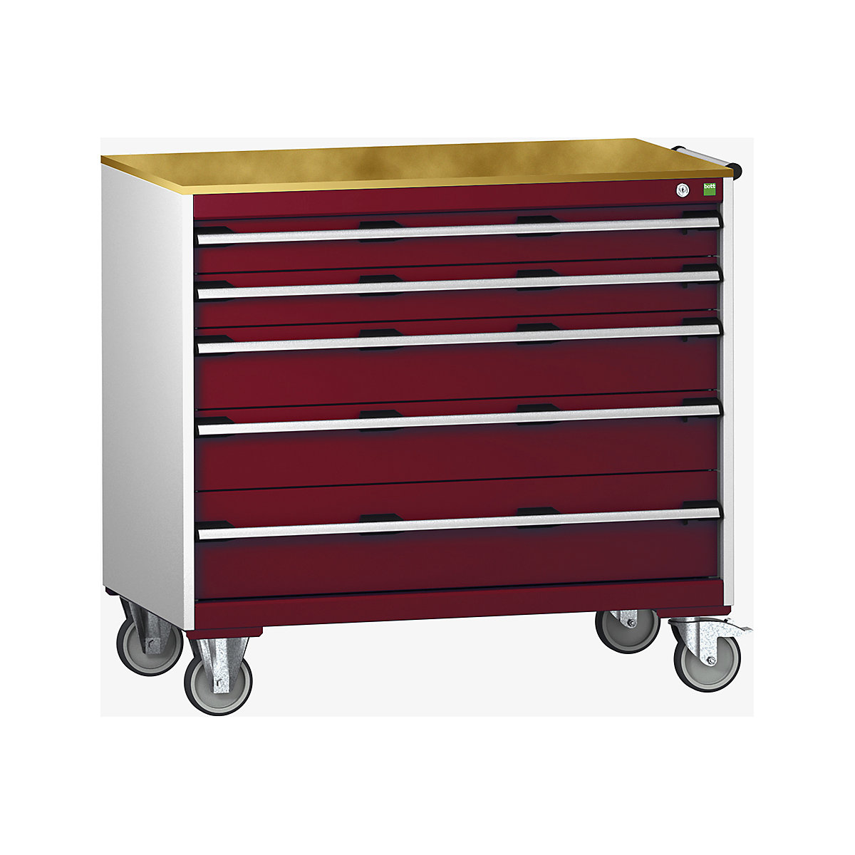 Bott Cubio Mobile Cabinets | 1050mm Wide, Bott Cubio Mobile Cabinets | 1050mm Wide, Bott Cubio Mobile Cabinet | 990h x 1050w x 650d mm | 5 Drawers | MPX Worktop | Red Drawers | Light Grey Housing-0