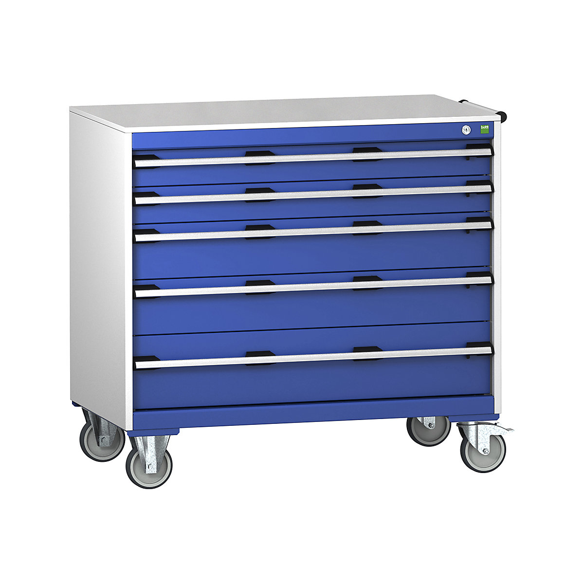 Bott Cubio Mobile Cabinets | 1050mm Wide, Bott Cubio Mobile Cabinets | 1050mm Wide, Bott Cubio Mobile Cabinet | 990h x 1050w x 650d mm | 5 Drawers | Lino Worktop | Blue Drawers | Light Grey Housing-0