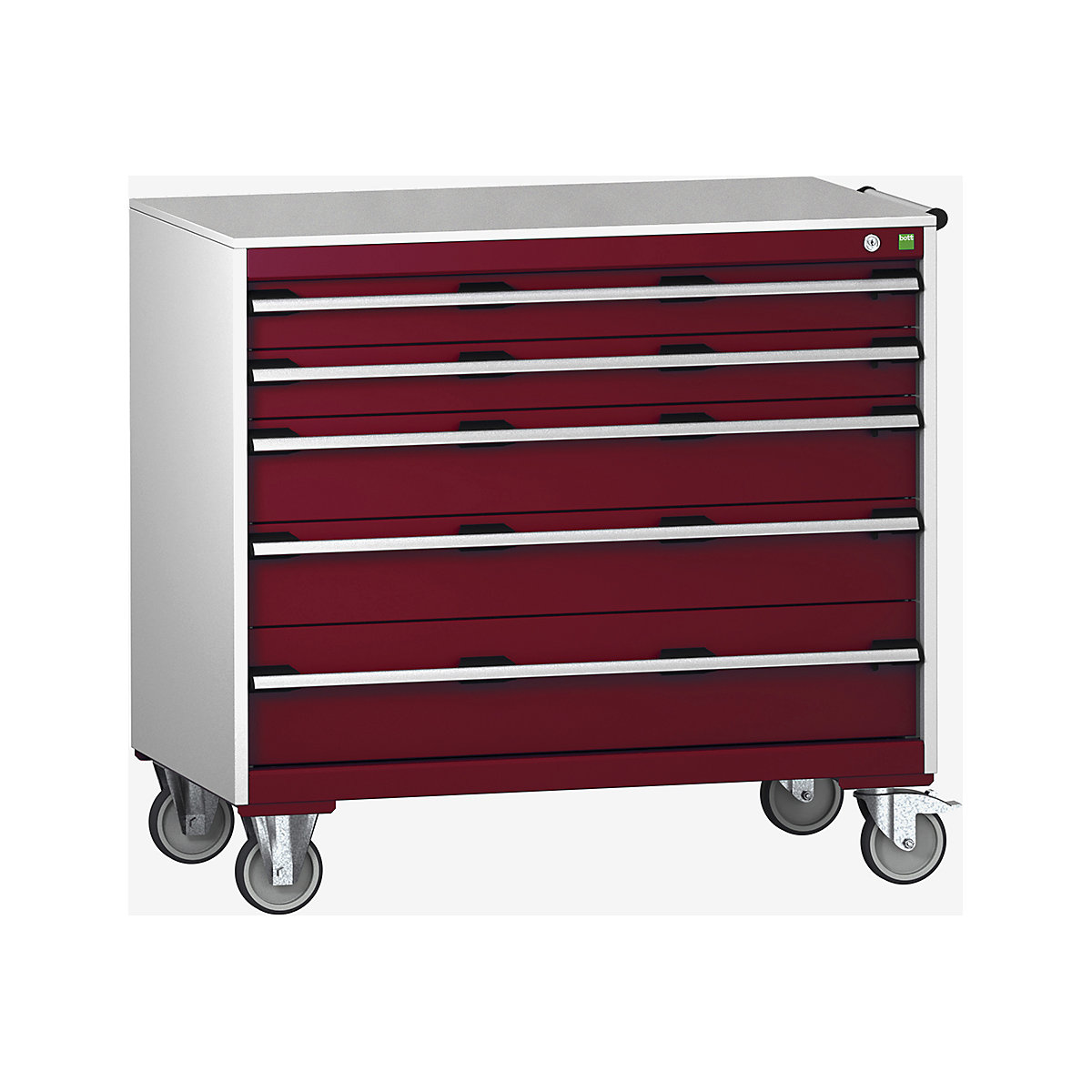 Bott Cubio Mobile Cabinets | 1050mm Wide, Bott Cubio Mobile Cabinets | 1050mm Wide, Bott Cubio Mobile Cabinet | 990h x 1050w x 650d mm | 5 Drawers | Lino Worktop | Red Drawers | Light Grey Housing-0