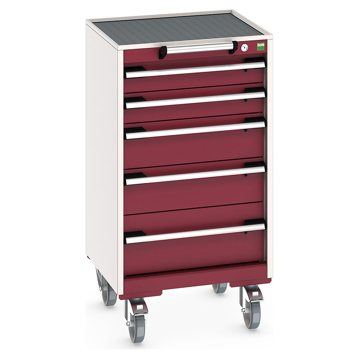 Bott Cubio Mobile Cabinets | 525mm Wide, Bott Cubio Mobile Cabinets | 525mm Wide, Bott Cubio Mobile Cabinet | 985h x 525w x 525d mm | 5 Drawers | Top Tray & Mat | Red Drawers | Light Grey Housing-0