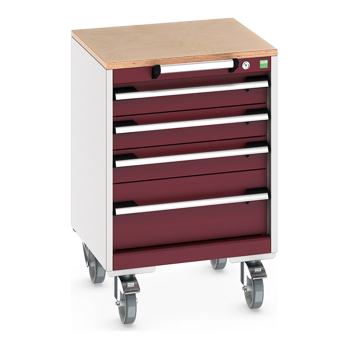 Bott Cubio Mobile Cabinets | 525mm Wide, Bott Cubio Mobile Cabinets | 525mm Wide, Bott Cubio Mobile Cabinet | 790h x 525w x 525d mm | 4 Drawers | MPX Worktop | Red Drawers | Light Grey Housing-0