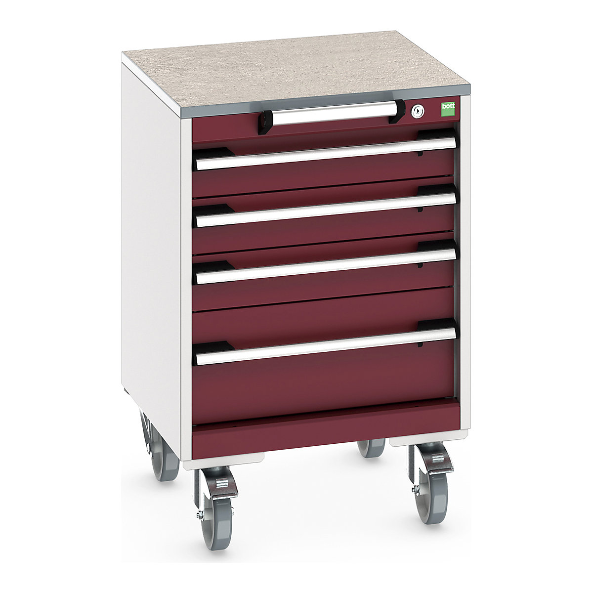 Bott Cubio Mobile Cabinets | 525mm Wide, Bott Cubio Mobile Cabinets | 525mm Wide, Bott Cubio Mobile Cabinet | 790h x 525w x 525d mm | 4 Drawers | Lino Worktop | Red Drawers | Light Grey Housing-0