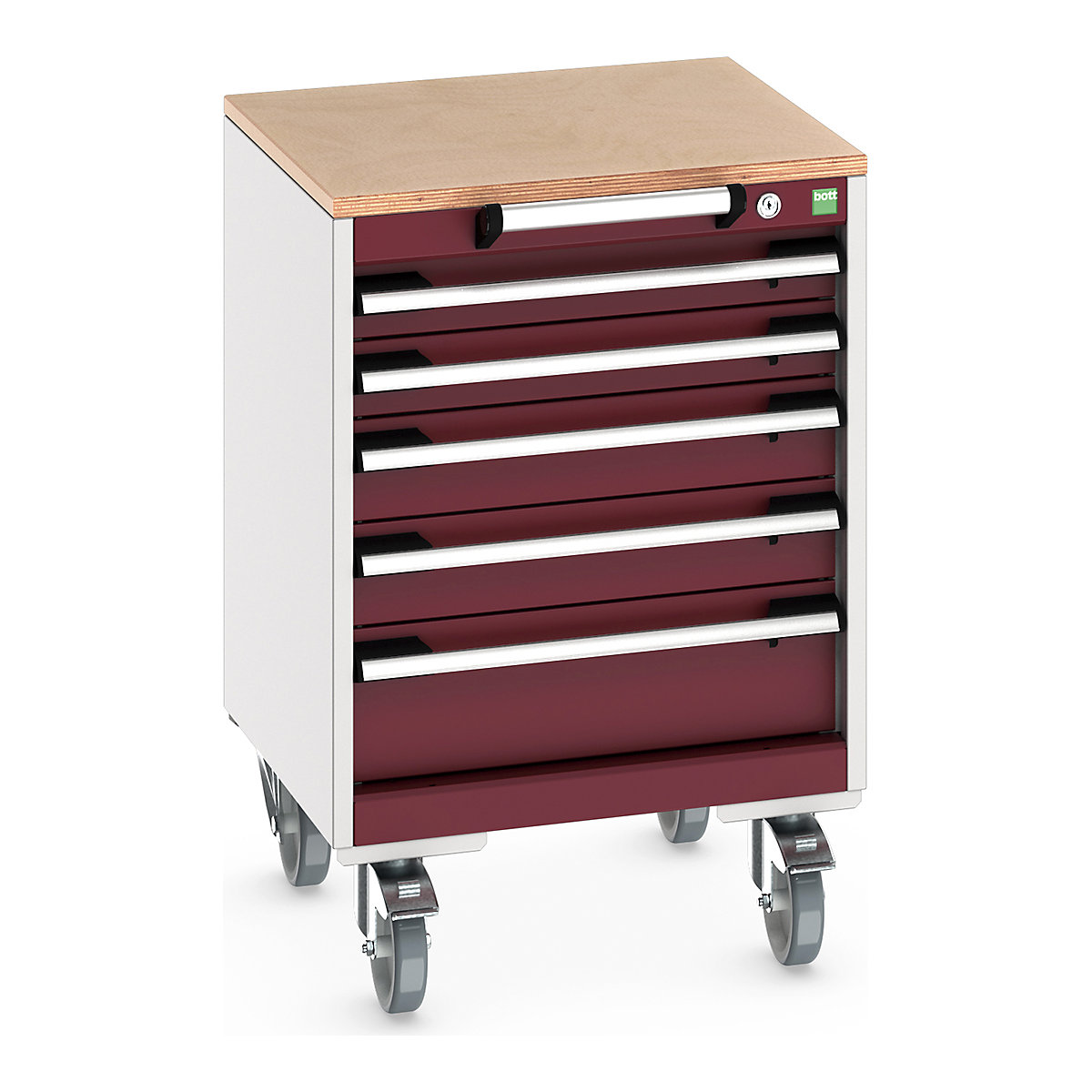 Bott Cubio Mobile Cabinets | 525mm Wide, Bott Cubio Mobile Cabinets | 525mm Wide, Bott Cubio Mobile Cabinet | 790h x 525w x 525d mm | 5 Drawers | MPX Worktop | Red Drawers | Light Grey Housing-0