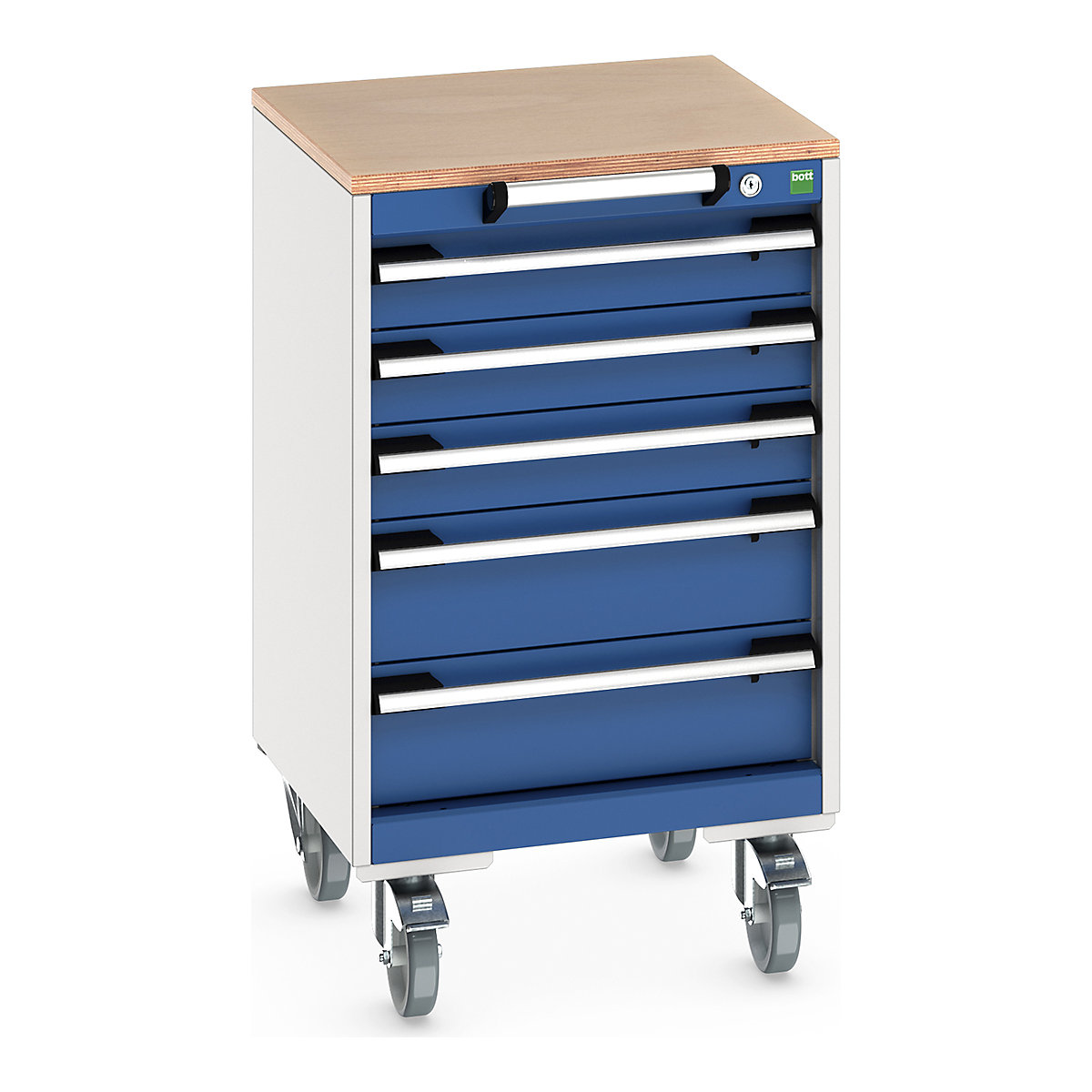 Bott Cubio Mobile Cabinets | 525mm Wide, Bott Cubio Mobile Cabinets | 525mm Wide, Bott Cubio Mobile Cabinet | 890h x 525w x 525d mm | 5 Drawers | MPX Worktop | Blue Drawers | Light Grey Housing-0