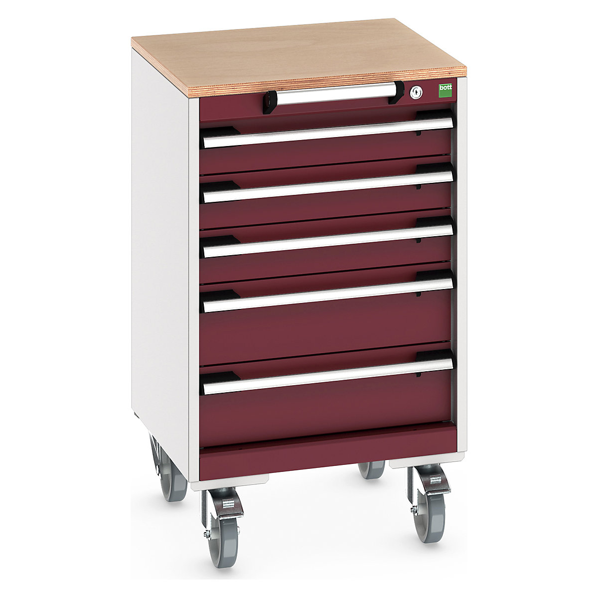Bott Cubio Mobile Cabinets | 525mm Wide, Bott Cubio Mobile Cabinets | 525mm Wide, Bott Cubio Mobile Cabinet | 890h x 525w x 525d mm | 5 Drawers | MPX Worktop | Red Drawers | Light Grey Housing-0