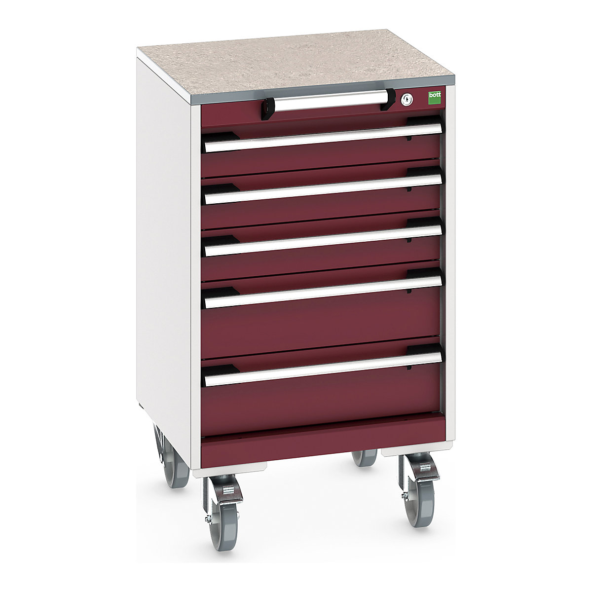Bott Cubio Mobile Cabinets | 525mm Wide, Bott Cubio Mobile Cabinets | 525mm Wide, Bott Cubio Mobile Cabinet | 890h x 525w x 525d mm | 5 Drawers | Lino Worktop | Red Drawers | Light Grey Housing-0