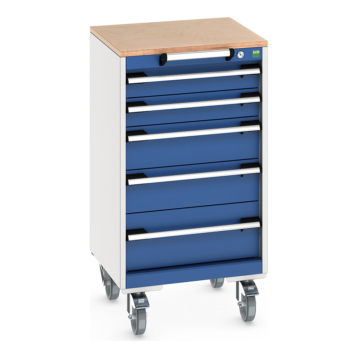 Bott Cubio Mobile Cabinets | 525mm Wide, Bott Cubio Mobile Cabinets | 525mm Wide, Bott Cubio Mobile Cabinet | 990h x 525w x 525d mm | 5 Drawers | MPX Worktop | Blue Drawers | Light Grey Housing-0