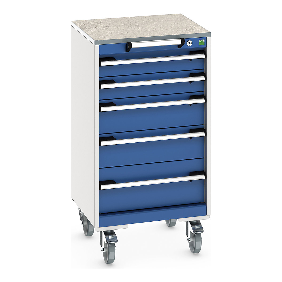 Bott Cubio Mobile Cabinets | 525mm Wide, Bott Cubio Mobile Cabinets | 525mm Wide, Bott Cubio Mobile Cabinet | 990h x 525w x 525d mm | 5 Drawers | Lino Worktop | Blue Drawers | Light Grey Housing-0