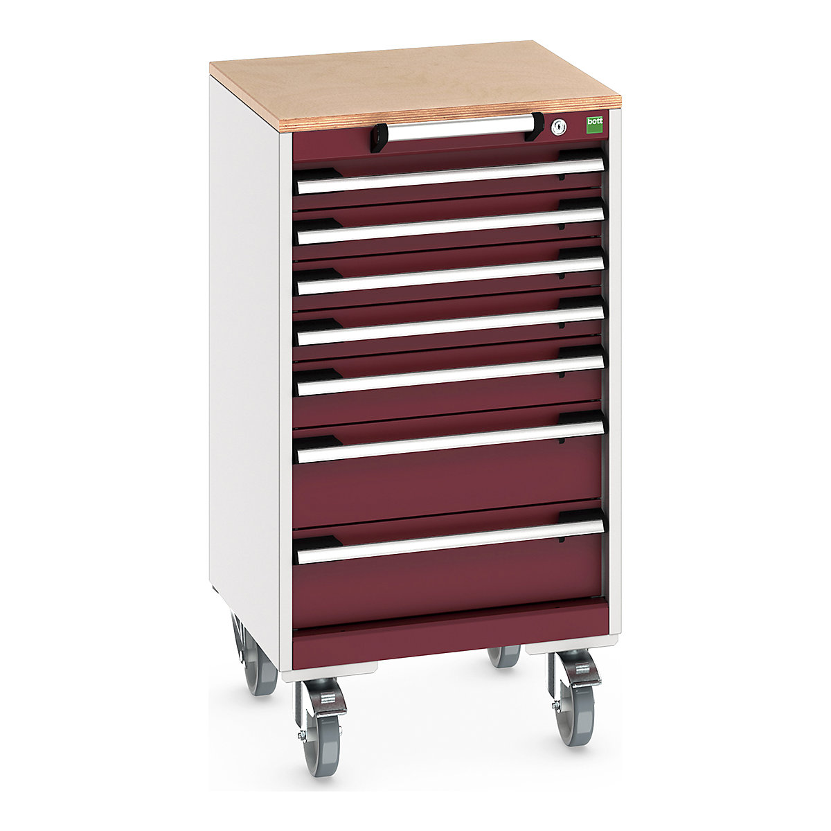 Bott Cubio Mobile Cabinets | 525mm Wide, Bott Cubio Mobile Cabinets | 525mm Wide, Bott Cubio Mobile Cabinet | 990h x 525w x 525d mm | 7 Drawers | MPX Worktop | Red Drawers | Light Grey Housing-0