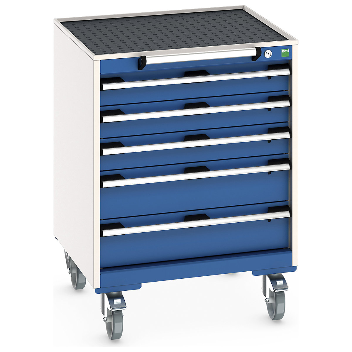 Bott Cubio Mobile Cabinets | 650mm Wide, Bott Cubio Mobile Cabinets | 650mm Wide, Bott Cubio Mobile Cabinet | 885h x 650w x 650d mm | 5 Drawers | Top Tray & Mat | Blue Drawers | Light Grey Housing-0