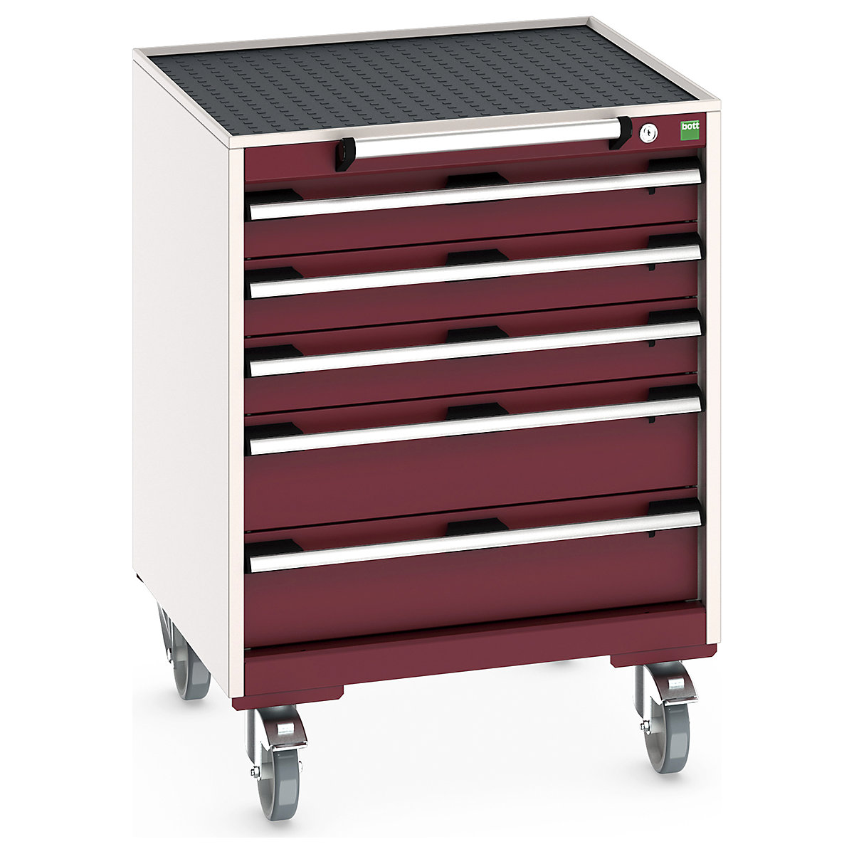 Bott Cubio Mobile Cabinets | 650mm Wide, Bott Cubio Mobile Cabinets | 650mm Wide, Bott Cubio Mobile Cabinet | 885h x 650w x 650d mm | 5 Drawers | Top Tray & Mat | Red Drawers | Light Grey Housing-0