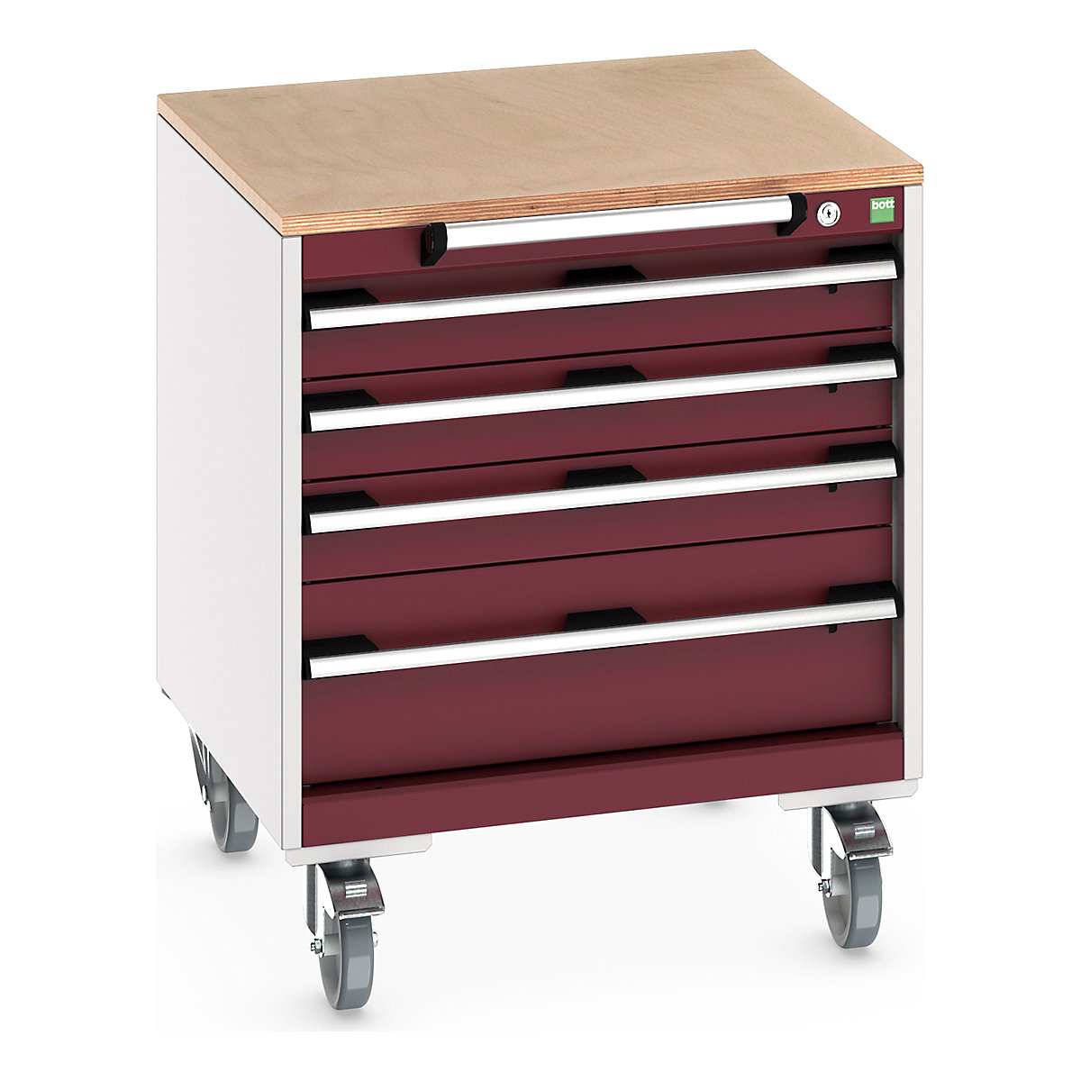 Bott Cubio Mobile Cabinets | 650mm Wide, Bott Cubio Mobile Cabinets | 650mm Wide, Bott Cubio Mobile Cabinet | 790h x 650w x 650d mm | 4 Drawers | MPX Worktop | Red Drawers | Light Grey Housing-0