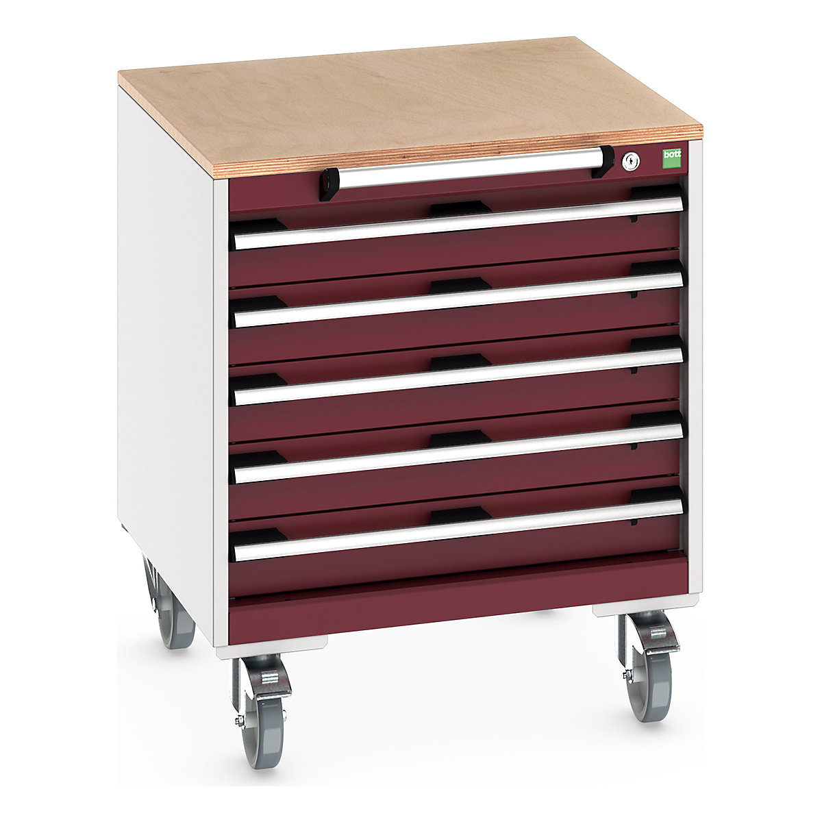 Bott Cubio Mobile Cabinets | 650mm Wide, Bott Cubio Mobile Cabinets | 650mm Wide, Bott Cubio Mobile Cabinet | 790h x 650w x 650d mm | 5 Drawers | MPX Worktop | Red Drawers | Light Grey Housing-0