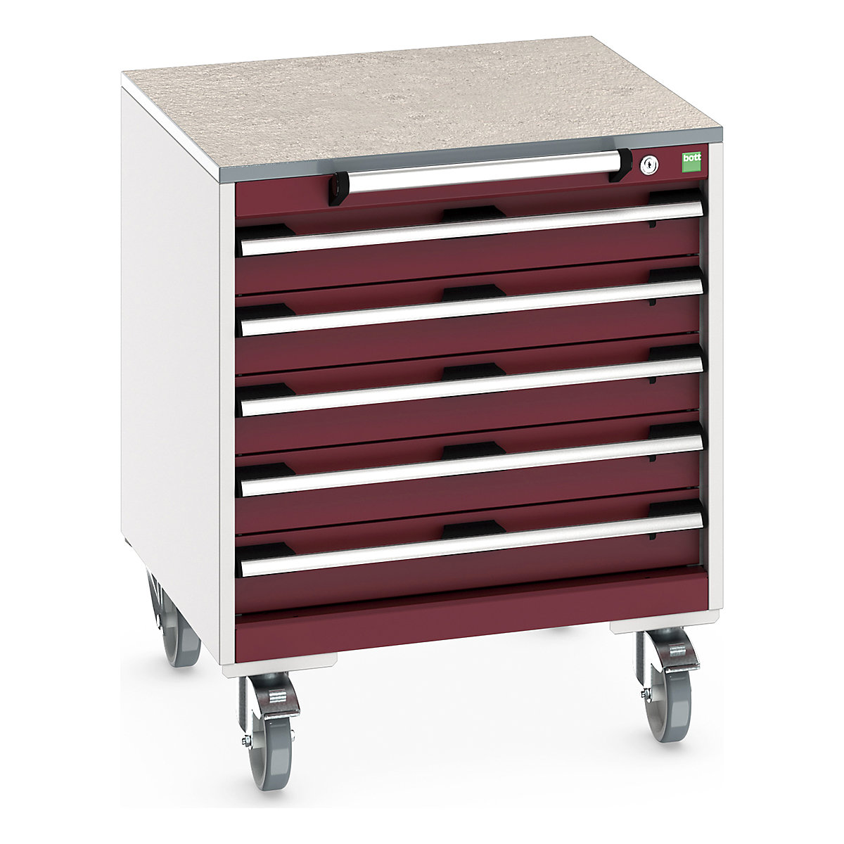 Bott Cubio Mobile Cabinets | 650mm Wide, Bott Cubio Mobile Cabinets | 650mm Wide, Bott Cubio Mobile Cabinet | 790h x 650w x 650d mm | 5 Drawers | Lino Worktop | Red Drawers | Light Grey Housing-0