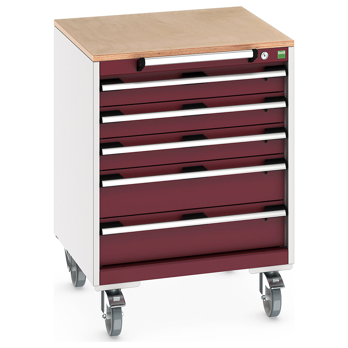 Bott Cubio Mobile Cabinets | 650mm Wide, Bott Cubio Mobile Cabinets | 650mm Wide, Bott Cubio Mobile Cabinet | 890h x 650w x 650d mm | 5 Drawers | MPX Worktop | Red Drawers | Light Grey Housing-0