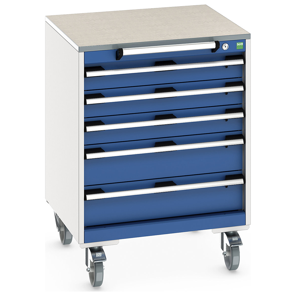 Bott Cubio Mobile Cabinets | 650mm Wide, Bott Cubio Mobile Cabinets | 650mm Wide, Bott Cubio Mobile Cabinet | 890h x 650w x 650d mm | 5 Drawers | Lino Worktop | Blue Drawers | Light Grey Housing-0