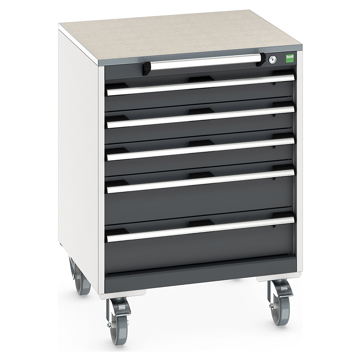 Bott Cubio Mobile Cabinets | 650mm Wide, Bott Cubio Mobile Cabinets | 650mm Wide, Bott Cubio Mobile Cabinet | 890h x 650w x 650d mm | 5 Drawers | Lino Worktop | Dark Grey Drawers | Light Grey Housing-0