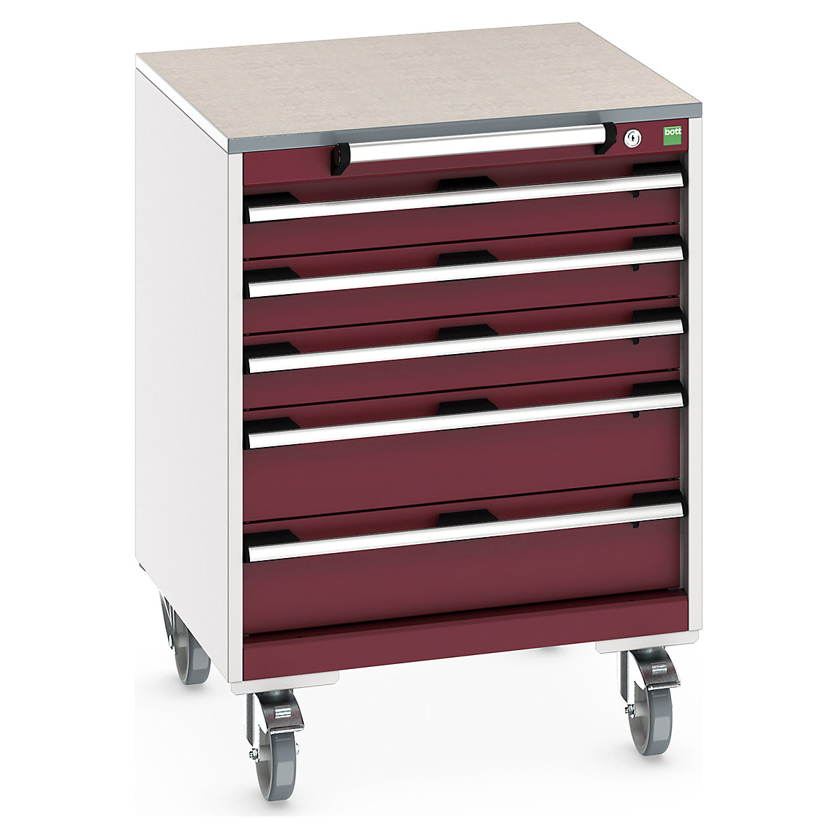 Bott Cubio Mobile Cabinets | 650mm Wide, Bott Cubio Mobile Cabinets | 650mm Wide, Bott Cubio Mobile Cabinet | 890h x 650w x 650d mm | 5 Drawers | Lino Worktop | Red Drawers | Light Grey Housing-0
