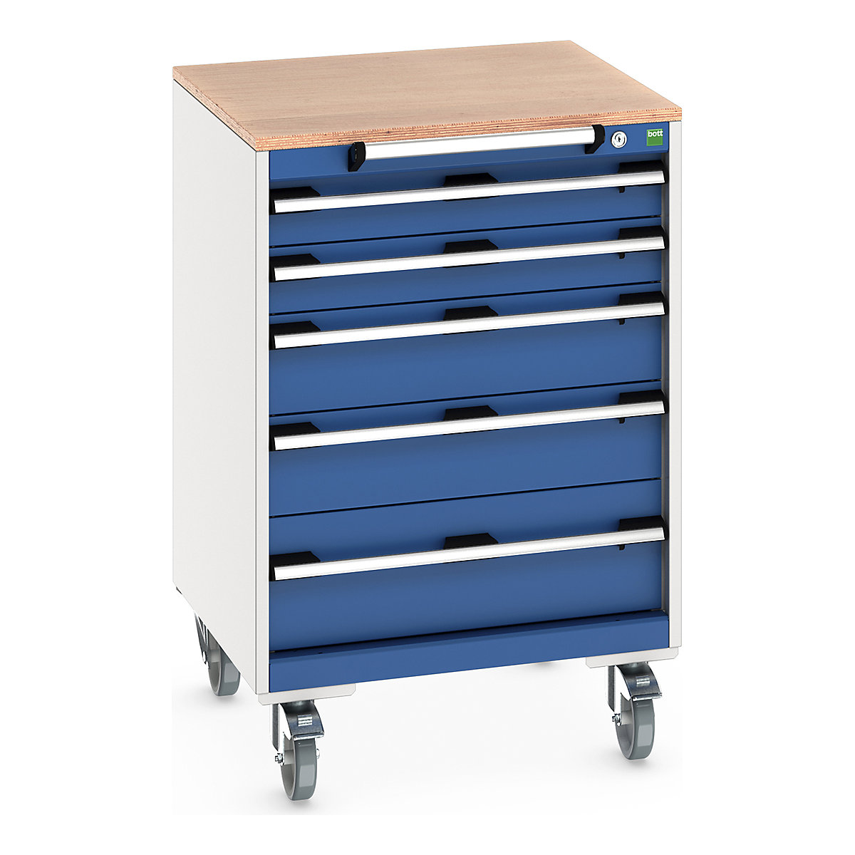 Bott Cubio Mobile Cabinets | 650mm Wide, Bott Cubio Mobile Cabinets | 650mm Wide, Bott Cubio Mobile Cabinet | 990h x 650w x 650d mm | 5 Drawers | MPX Worktop | Blue Drawers | Light Grey Housing-0