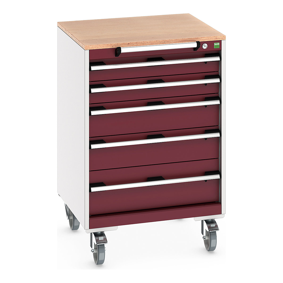 Bott Cubio Mobile Cabinets | 650mm Wide, Bott Cubio Mobile Cabinets | 650mm Wide, Bott Cubio Mobile Cabinet | 990h x 650w x 650d mm | 5 Drawers | MPX Worktop | Red Drawers | Light Grey Housing-0