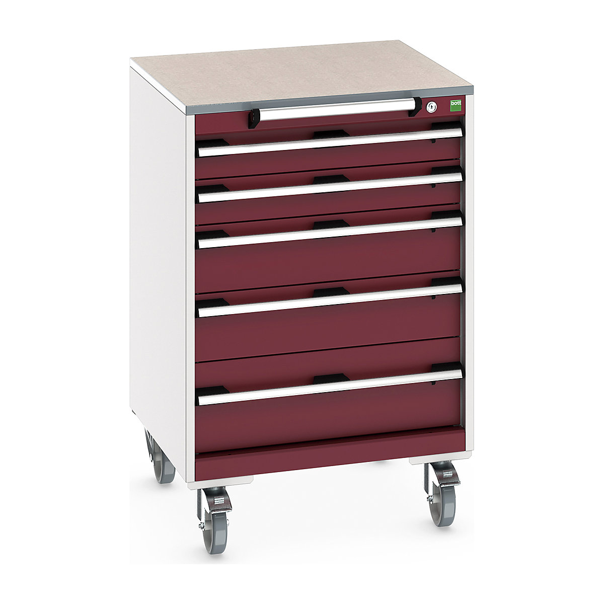 Bott Cubio Mobile Cabinets | 650mm Wide, Bott Cubio Mobile Cabinets | 650mm Wide, Bott Cubio Mobile Cabinet | 990h x 650w x 650d mm | 5 Drawers | Lino Worktop | Red Drawers | Light Grey Housing-0