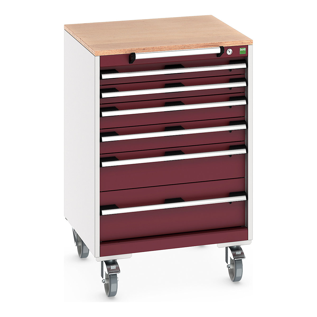Bott Cubio Mobile Cabinets | 650mm Wide, Bott Cubio Mobile Cabinets | 650mm Wide, Bott Cubio Mobile Cabinet | 990h x 650w x 650d mm | 6 Drawers | MPX Worktop | Red Drawers | Light Grey Housing-0