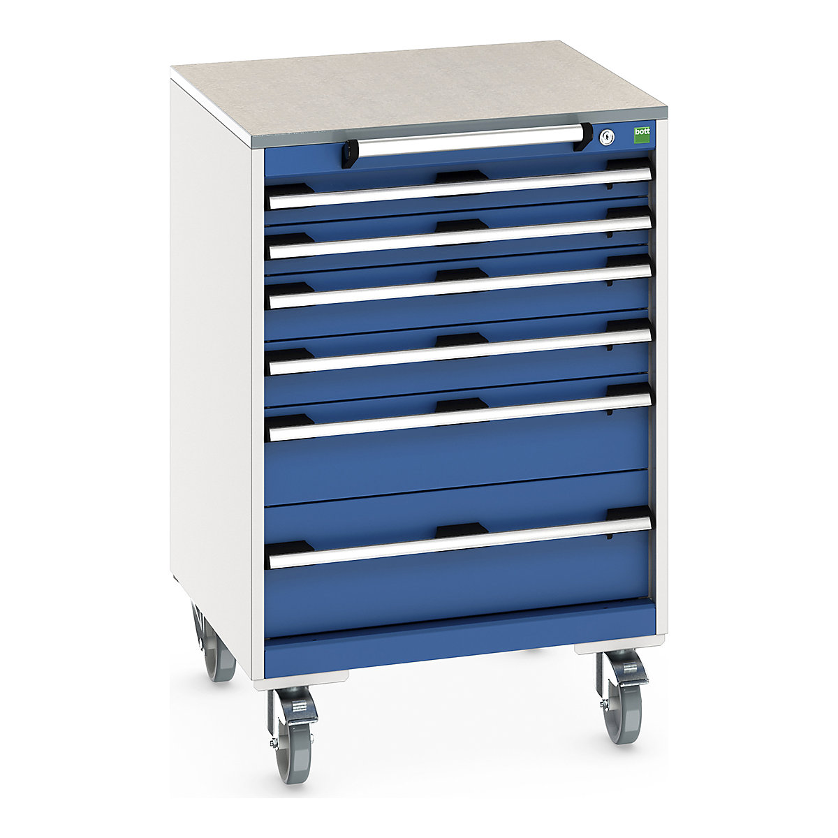 Bott Cubio Mobile Cabinets | 650mm Wide, Bott Cubio Mobile Cabinets | 650mm Wide, Bott Cubio Mobile Cabinet | 990h x 650w x 650d mm | 6 Drawers | Lino Worktop | Blue Drawers | Light Grey Housing-0