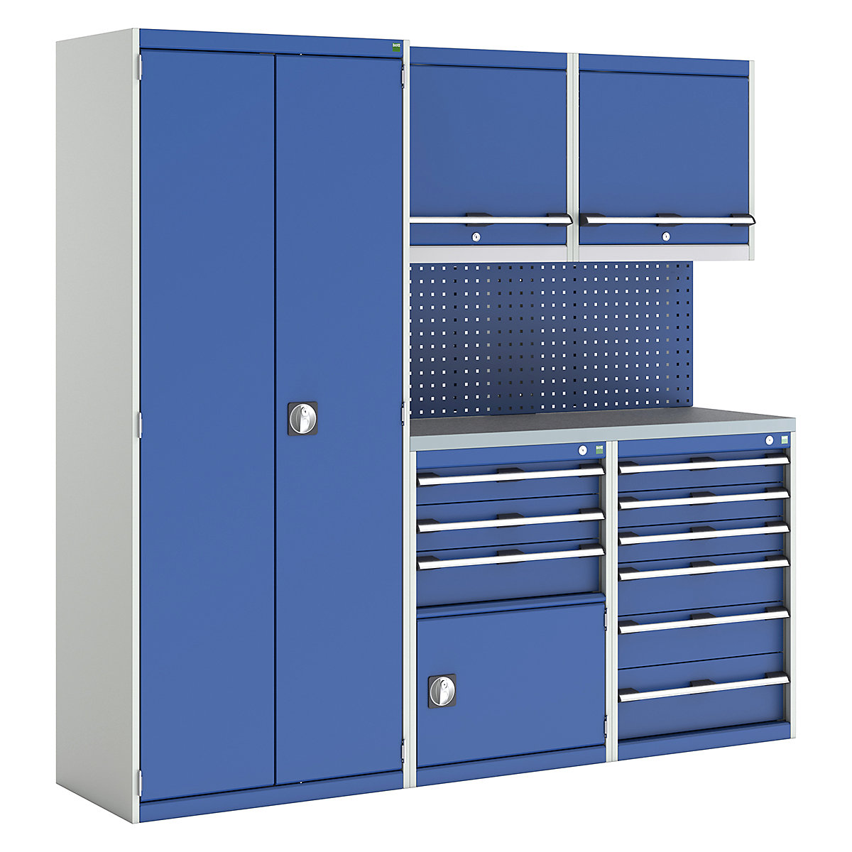 Bott Cubio Modular Workshop Kits, Bott Cubio Modular Workshop Kits, Bott Cubio Modular Workshop Kit | 2000h x 2100w x 565d mm | 3 Cupboards & 2 Cabinets | Perfo Back Panel | Blue-0