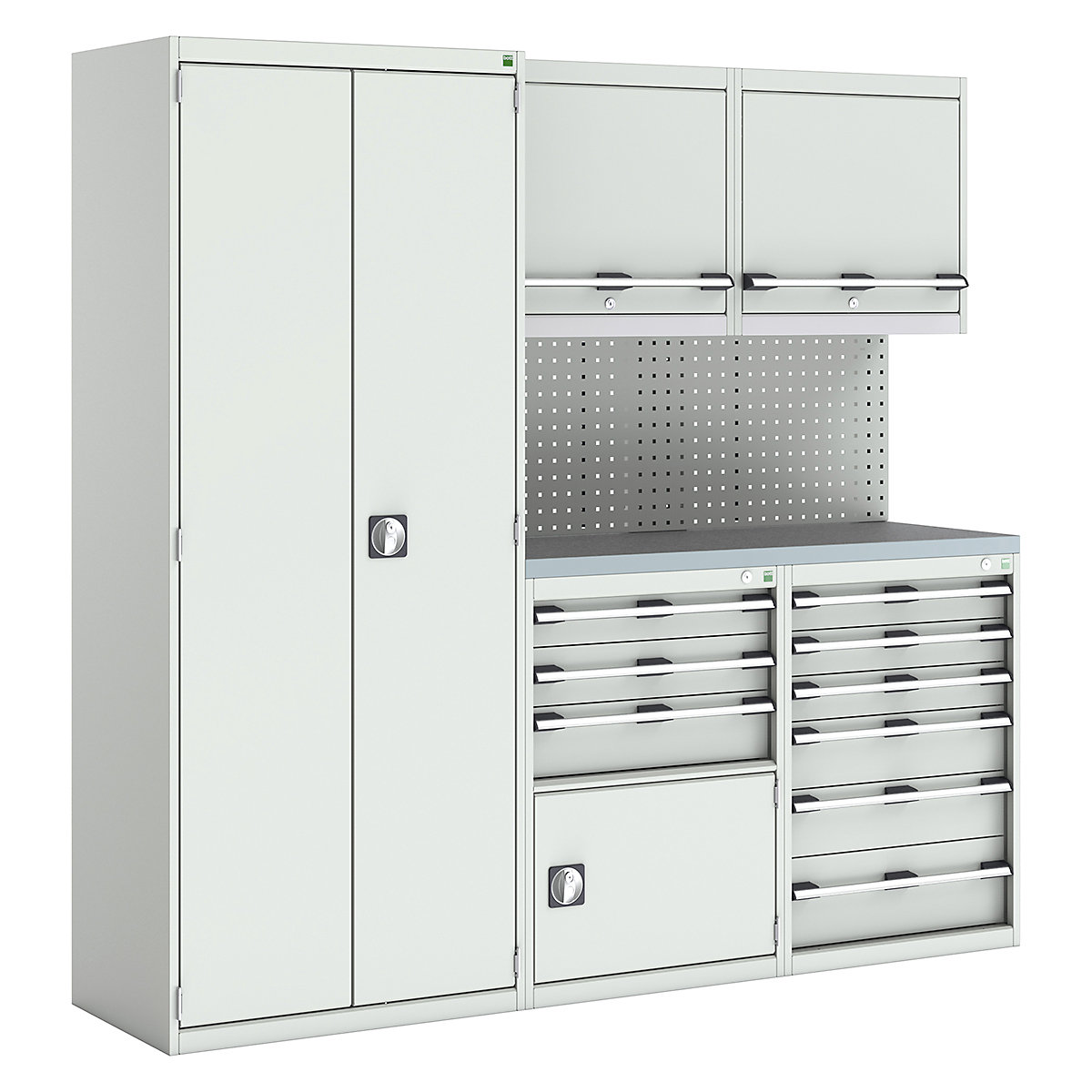Bott Cubio Modular Workshop Kits, Bott Cubio Modular Workshop Kits, Bott Cubio Modular Workshop Kit | 2000h x 2100w x 565d mm | 3 Cupboards & 2 Cabinets | Perfo Back Panel | Light Grey-0