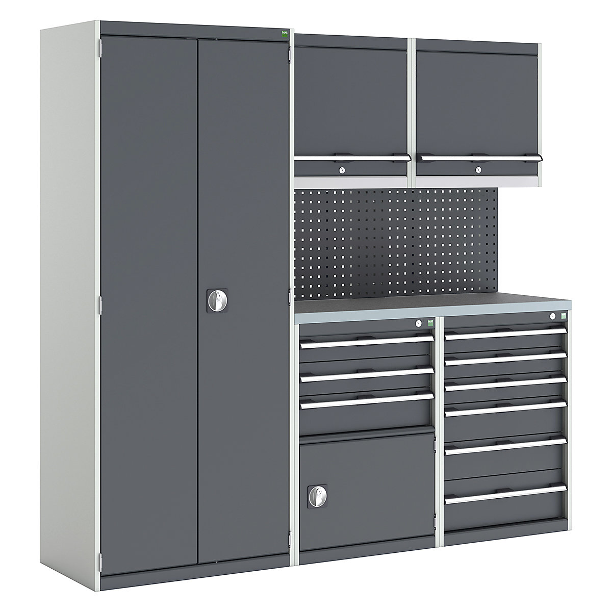 Bott Cubio Modular Workshop Kits, Bott Cubio Modular Workshop Kits, Bott Cubio Modular Workshop Kit | 2000h x 2100w x 565d mm | 3 Cupboards & 2 Cabinets | Perfo Back Panel | Anthracite Grey-0