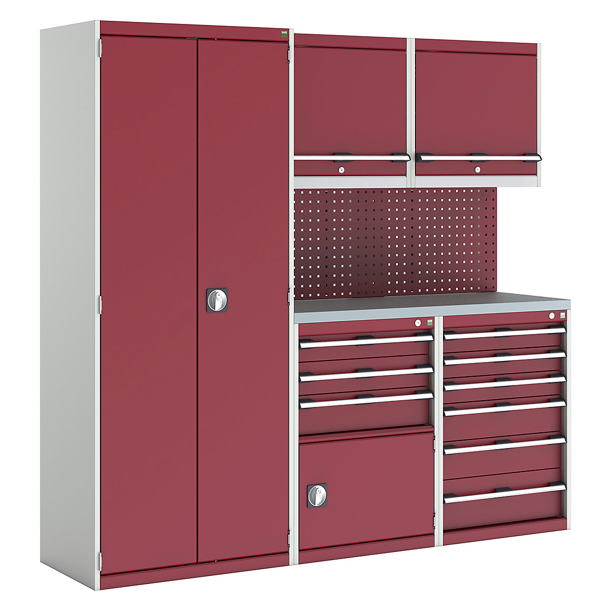 Bott Cubio Modular Workshop Kits, Bott Cubio Modular Workshop Kits, Bott Cubio Modular Workshop Kit | 2000h x 2100w x 565d mm | 3 Cupboards & 2 Cabinets | Perfo Back Panel | Red-0