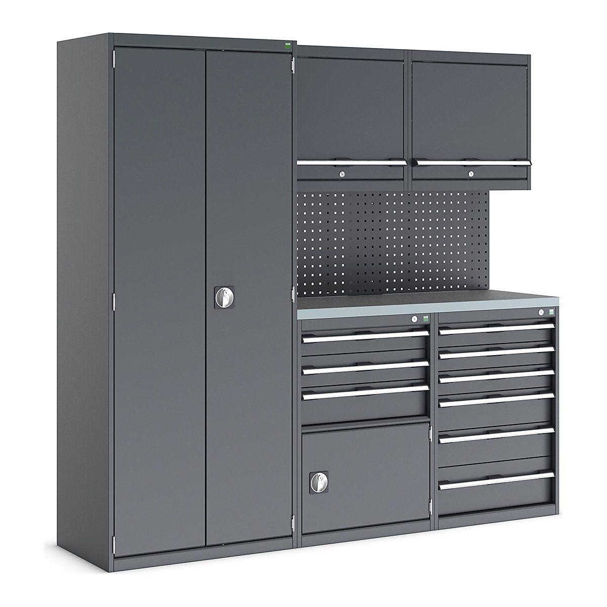 Bott Cubio Modular Workshop Kits, Bott Cubio Modular Workshop Kits, Bott Cubio Modular Workshop Kit | 2000h x 2100w x 565d mm | 3 Cupboards & 2 Cabinets | Perfo Back Panel | Anthracite Grey-0