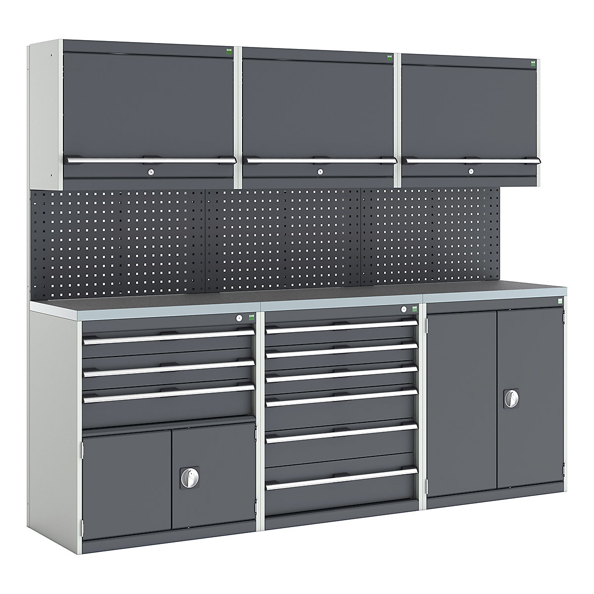 Bott Cubio Modular Workshop Kits, Bott Cubio Modular Workshop Kits, Bott Cubio Modular Workshop Kit | 2000h x 2400w x 565d mm | 4 Cupboards & 2 Cabinets | Perfo Back Panel | Anthracite Grey-0