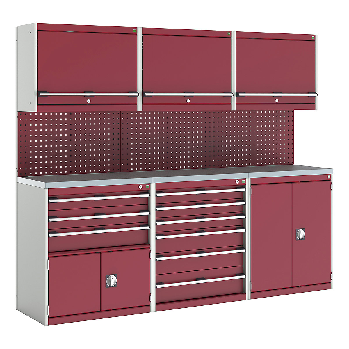 Bott Cubio Modular Workshop Kits, Bott Cubio Modular Workshop Kits, Bott Cubio Modular Workshop Kit | 2000h x 2400w x 565d mm | 4 Cupboards & 2 Cabinets | Perfo Back Panel | Red-0