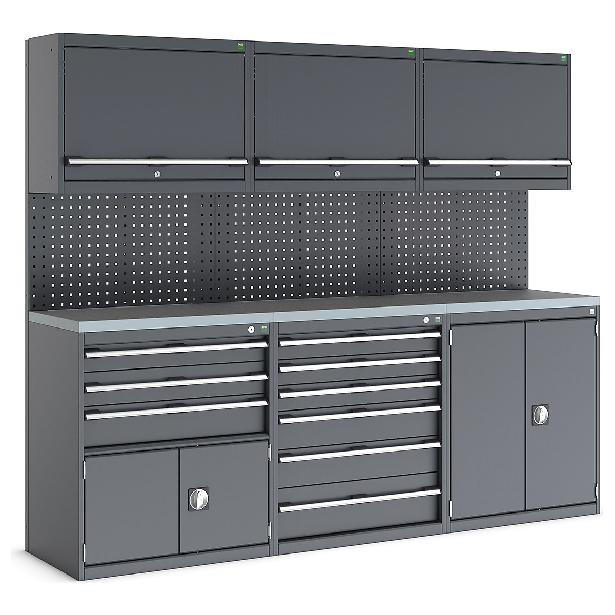 Bott Cubio Modular Workshop Kits, Bott Cubio Modular Workshop Kits, Bott Cubio Modular Workshop Kit | 2000h x 2400w x 565d mm | 4 Cupboards & 2 Cabinets | Perfo Back Panel | Anthracite Grey-0