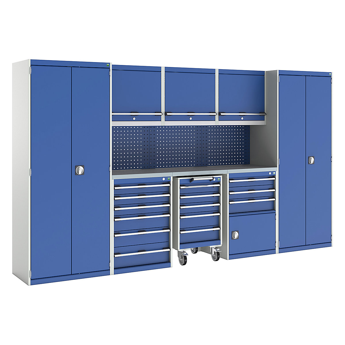Bott Cubio Modular Workshop Kits, Bott Cubio Modular Workshop Kits, Bott Cubio Modular Workshop Kit | 2000h x 3550w x 565d mm | 5 Cupboards & 3 Cabinets | Perfo Back Panel | Blue-0
