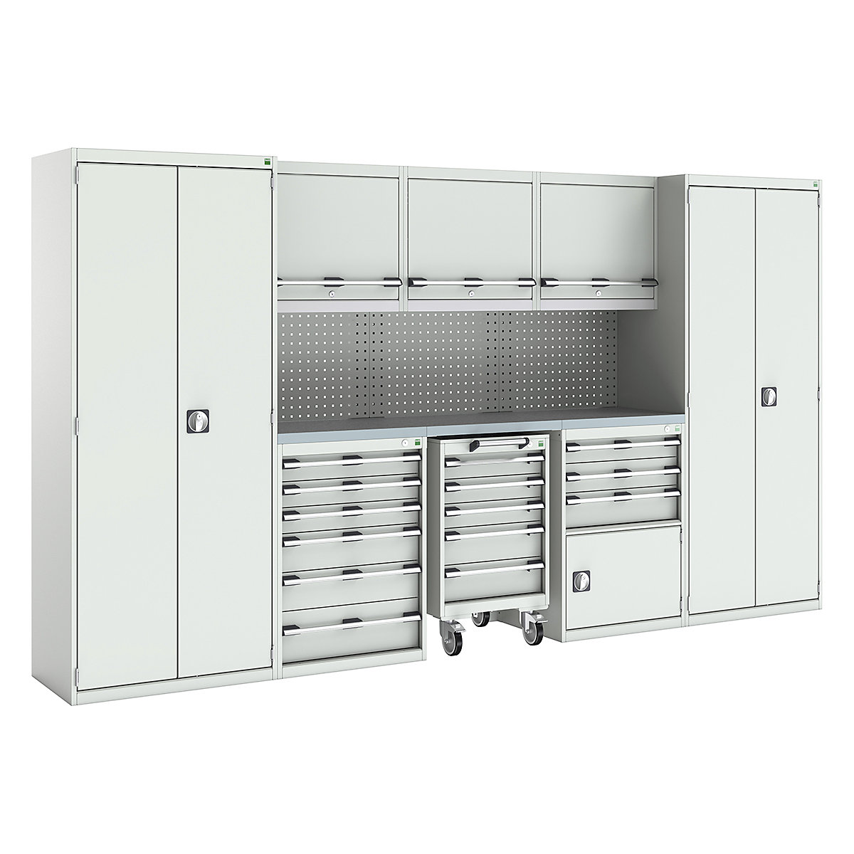 Bott Cubio Modular Workshop Kits, Bott Cubio Modular Workshop Kits, Bott Cubio Modular Workshop Kit | 2000h x 3550w x 565d mm | 5 Cupboards & 3 Cabinets | Perfo Back Panel | Light Grey-0