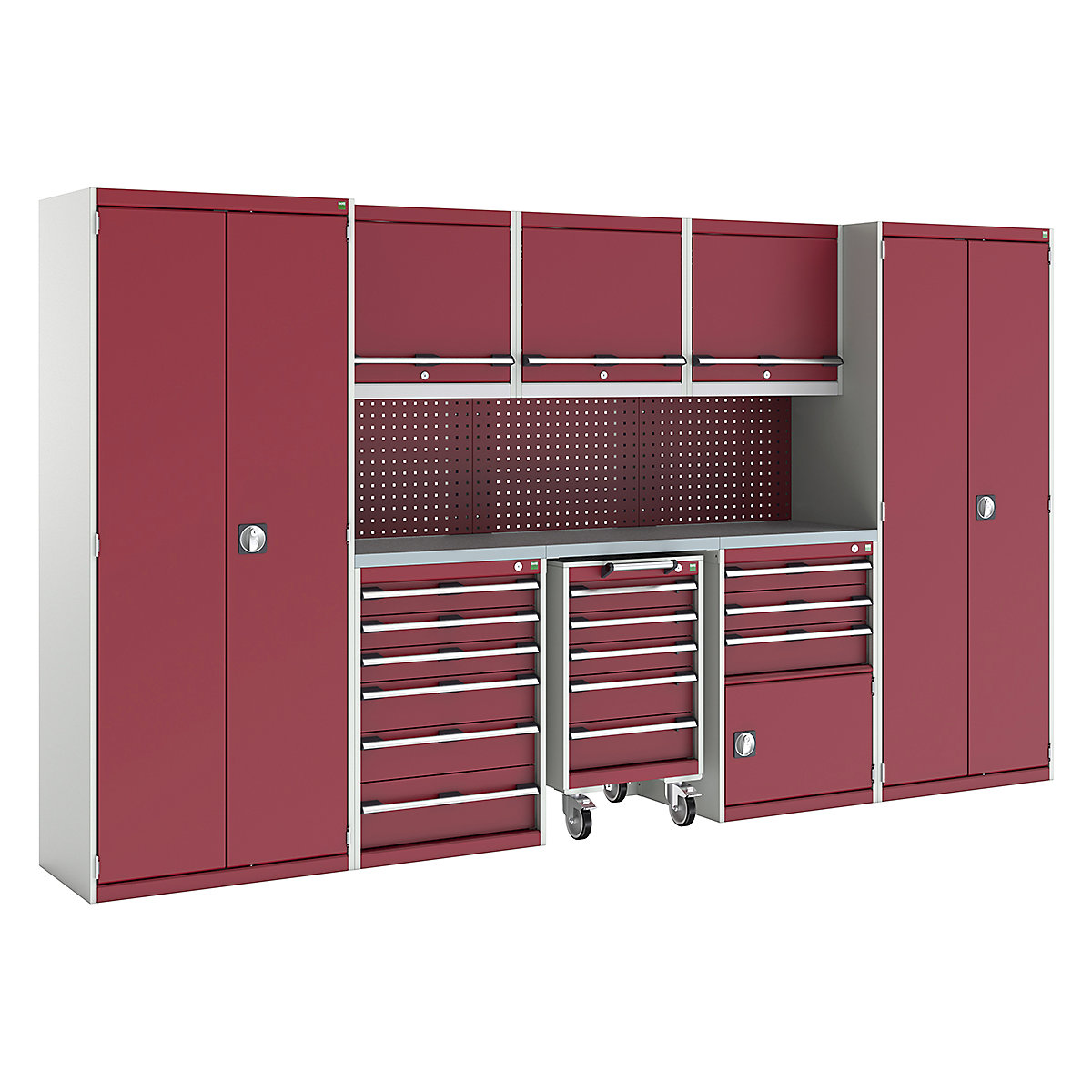 Bott Cubio Modular Workshop Kits, Bott Cubio Modular Workshop Kits, Bott Cubio Modular Workshop Kit | 2000h x 3550w x 565d mm | 5 Cupboards & 3 Cabinets | Perfo Back Panel | Red-0