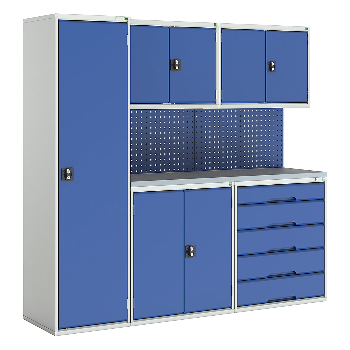 Bott Verso Modular Workshop Kits, Bott Verso Modular Workshop Kits, Bott Verso Modular Workshop Kit | 2000h x 2125w x 590d mm | 4 Cupboards & 1 Cabinet | Perfo Back Panel | Blue-0