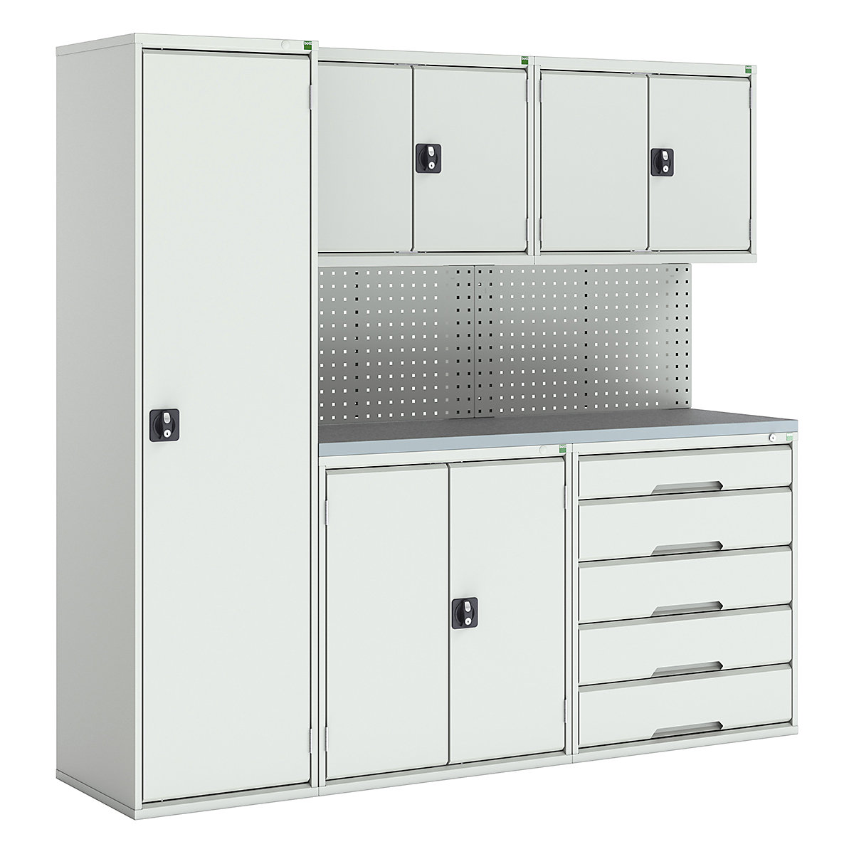 Bott Verso Modular Workshop Kits, Bott Verso Modular Workshop Kits, Bott Verso Modular Workshop Kit | 2000h x 2125w x 590d mm | 4 Cupboards & 1 Cabinet | Perfo Back Panel | Light Grey-0